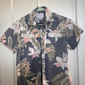 Denim & Flower Button-Up Shirt – Size Small, Slim Fit